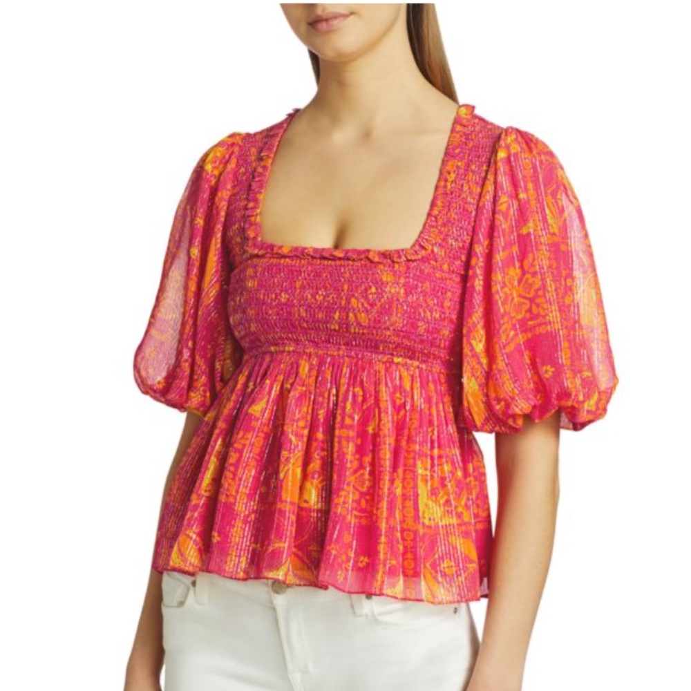 HEMANT & NANDITA Smocked Puff-Sleeve Top Size Small